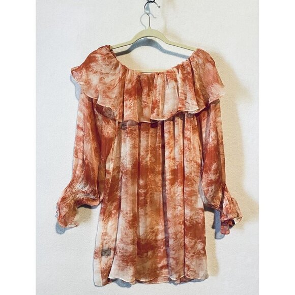 POL Top Womens Large Ruffle Collar Hand Dipped Dye Sheer Red Peasant Boho - Picture 4 of 8